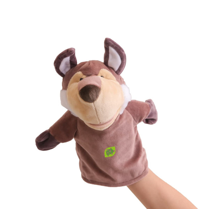 A plush brown wolf hand puppet with white accents, featuring a logo on its body.