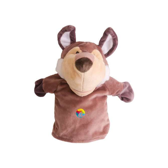 A brown wolf hand puppet with plush fabric, featuring a friendly face and embroidered colours on the front.