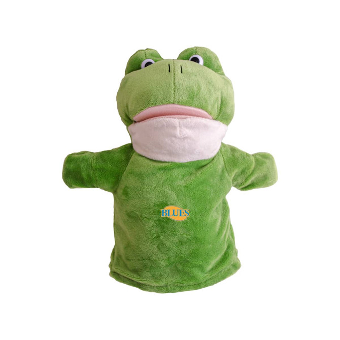 A green frog hand puppet with a soft texture and an attached logo on its chest.