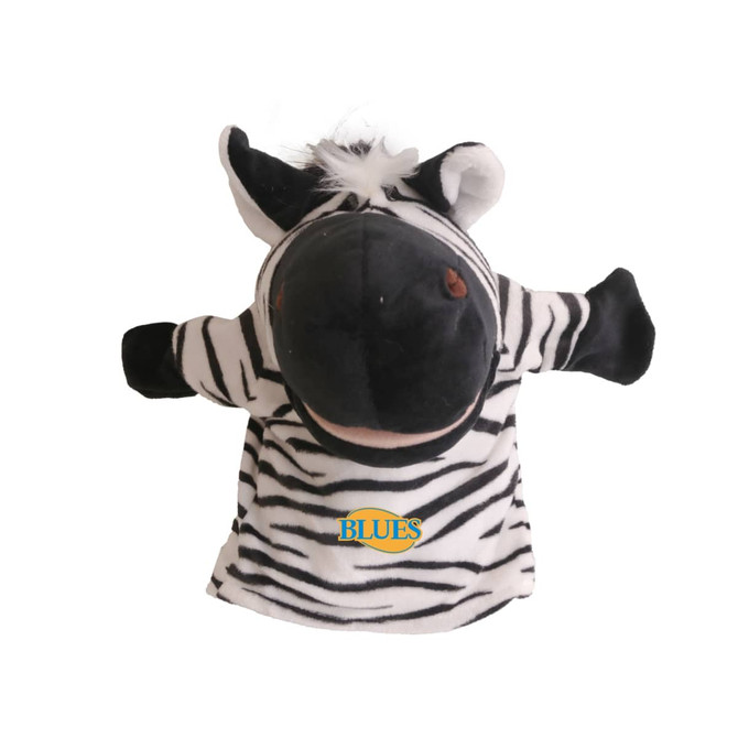 A zebra hand puppet featuring black and white stripes with a logo on its front.
