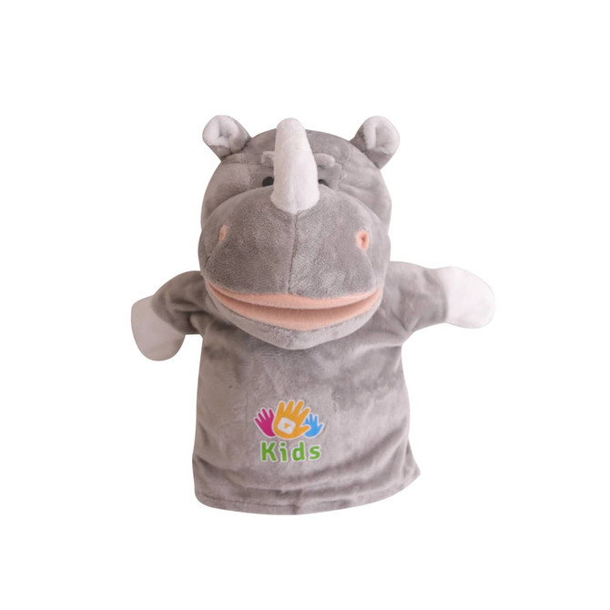 A grey rhinoceros hand puppet with a soft texture and a playful expression, featuring a logo on the front.
