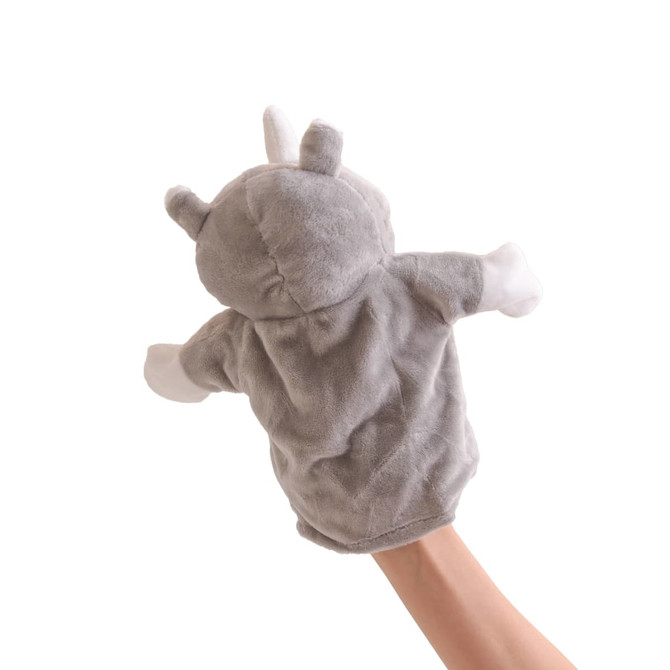 A grey rhinoceros hand puppet with white details, held up from below. It has small ears and a soft plush texture.