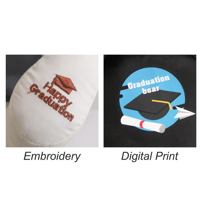 A plush bear in graduation attire with embroidery on one paw and digital print details on another. Mainly cream and blue.