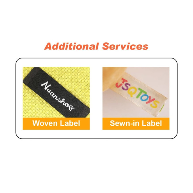 A woven label and a sewn-in label are displayed on textured fabric, showcasing branding options in black and multicolour.