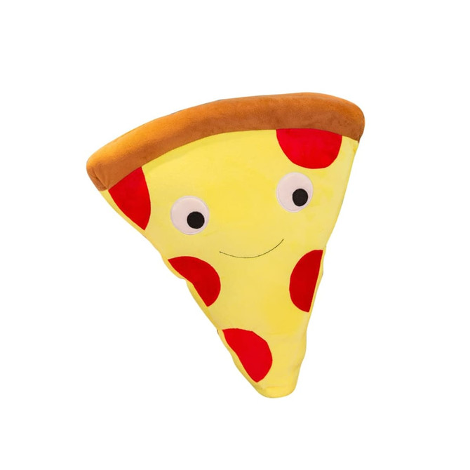 A yellow and brown pizza slice pet toy with red pepperoni and a smiling face, featuring a logo. A yellow and brown pizza slice pet toy with red pepperoni and a smiling face, featuring a logo.