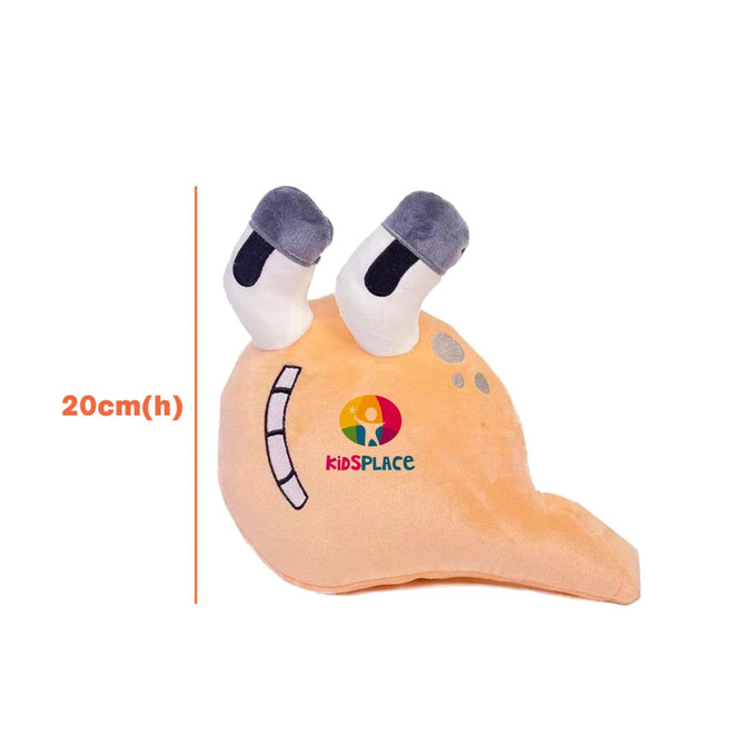 A plush toy shaped like a snail, featuring an orange body and grey accents, with a logo visible on it.