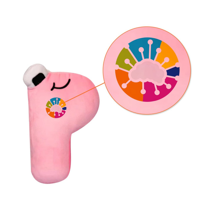 A plush toy shaped like the letter "P" in pink, featuring a small logo. Soft and cuddly design.