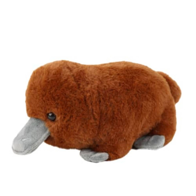 A plush toy of a brown platypus with a grey beak and feet, featuring a soft, long fur texture.