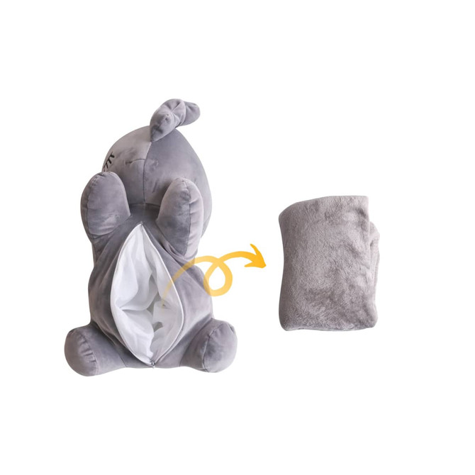 A grey animal plush toy featuring a zipper for storing a matching grey blanket. The toy has a small tail and ears.