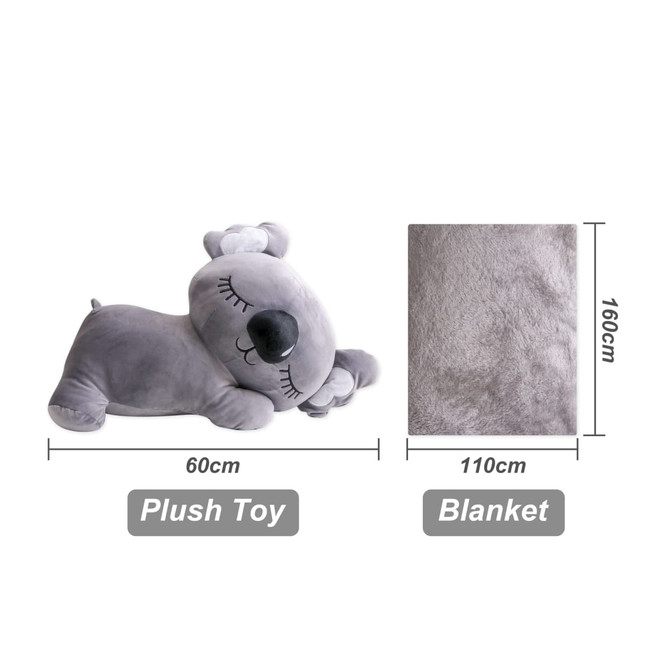 A grey plush toy of a koala with a soft, matching blanket alongside it, measuring 110cm by 160cm.
