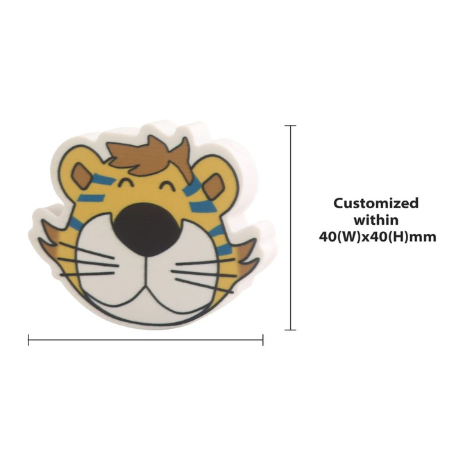 A custom-shaped TPR eraser featuring a smiling tiger design in yellow and blue. It has a prominent logo on it.