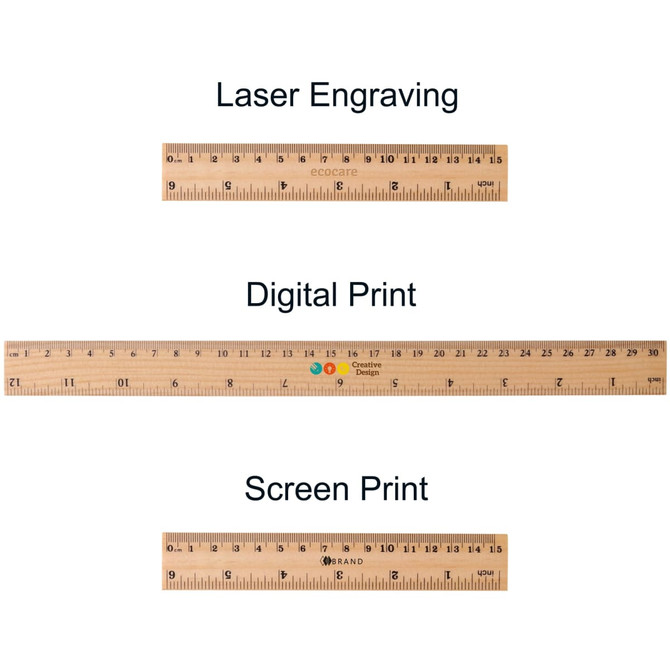 A dual scale wooden ruler in light timber with metric and imperial measurements, featuring various printing styles and branding.