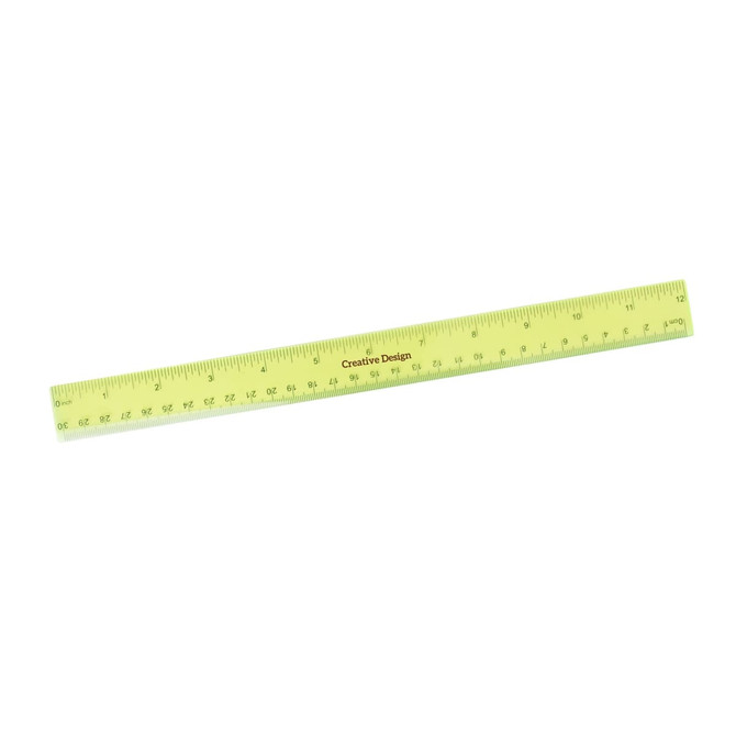 A bright yellow dual scale 30cm ruler, featuring measurement markings and a logo. A bright yellow dual scale 30cm ruler, featuring measurement markings and a logo.