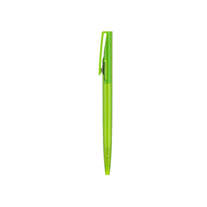 A plastic pen with a transparent green barrel and clip, featuring branding.