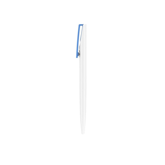 A creamy white plastic pen with a blue clip, featuring a simple and sleek design.