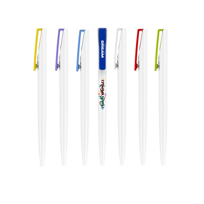 A set of plastic pens with creamy white barrels and colourful clips in yellow, purple, blue, and green, featuring a logo.