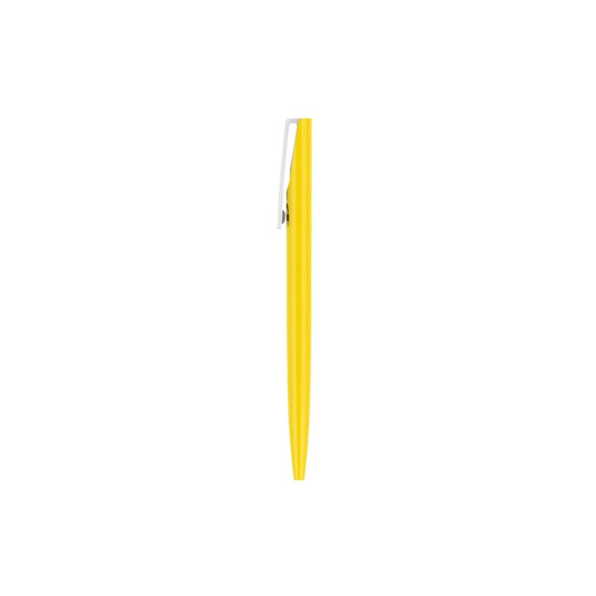 A yellow plastic pen with a silver clip, featuring a simple design and a branding logo.
