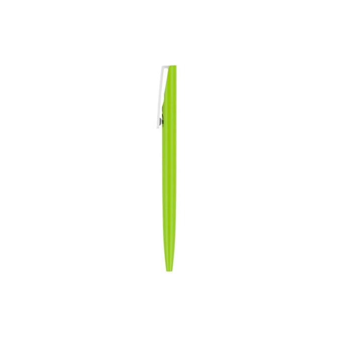 A bright green plastic pen with a clip, featuring a smooth, sleek design and a logo.
