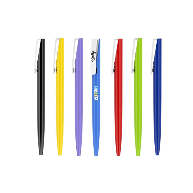 A selection of plastic pens in black, yellow, purple, blue, red, and green, each featuring a clip and branding.