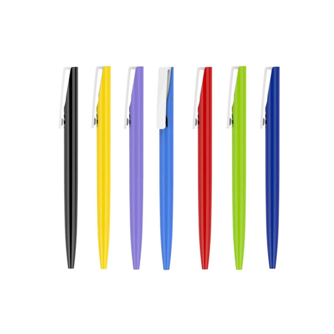 A collection of plastic pens featuring black, yellow, purple, blue, red, and green barrels, each with a silver clip.