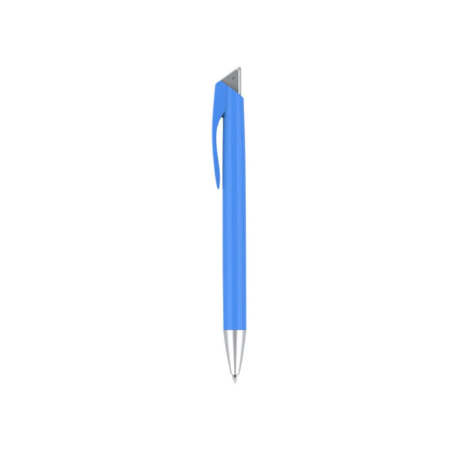 A blue plastic pen with a silver tip and a clip, featuring a logo.