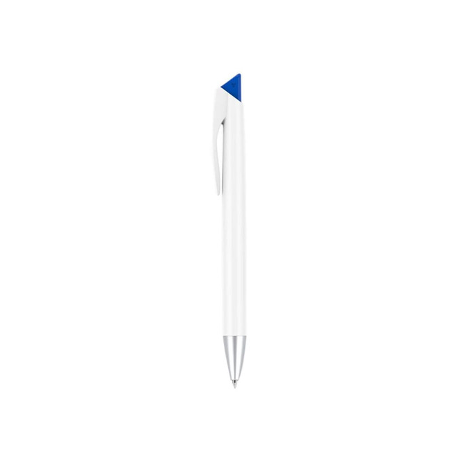 A white pen with a blue tip and silver accents, featuring a logo on the body. A white pen with a blue tip and silver accents, featuring a logo on the body.