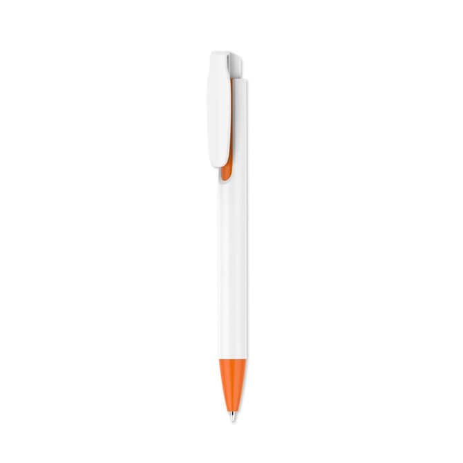 A plastic pen featuring a creamy white barrel and an orange tip, with a clip and branding.