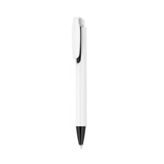A creamy white plastic pen featuring a black tip and a clip, with a logo on its surface.
