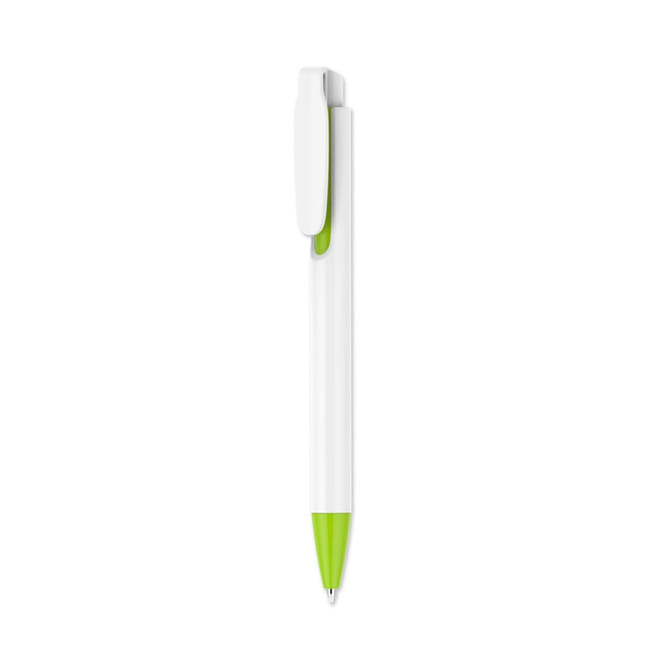 A plastic pen with a creamy white barrel and bright green accents, featuring a clip and a logo.