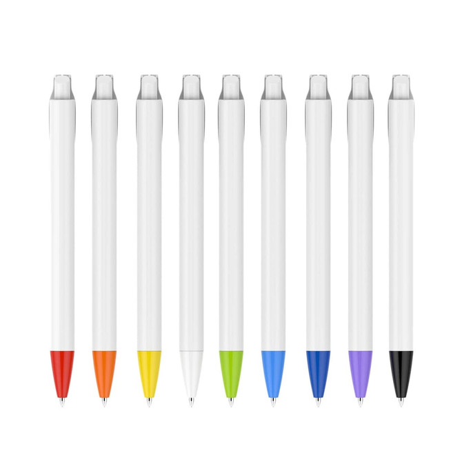 A row of plastic pens with creamy white barrels in various ink colours: red, orange, yellow, green, blue, and black.