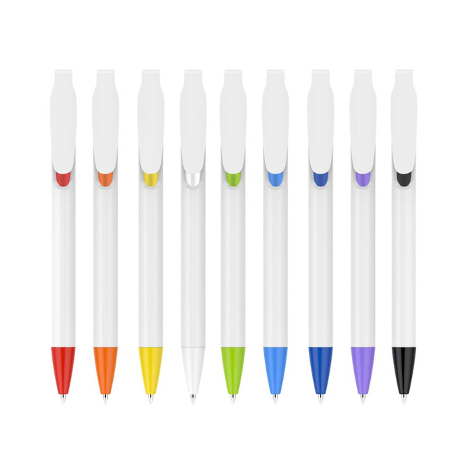 A set of nine plastic pens with creamy white barrels and coloured accents in orange, yellow, green, blue, purple, and black.