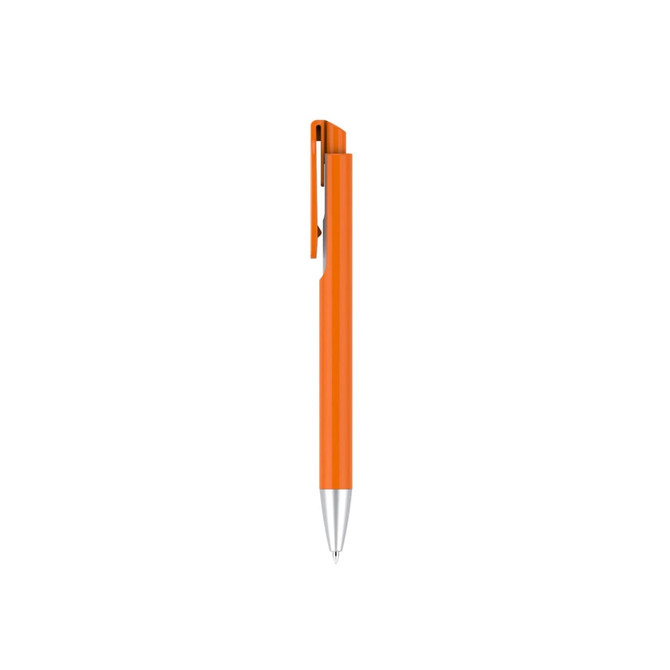 An orange plastic pen with a silver tip and a clip, featuring a logo on the barrel.