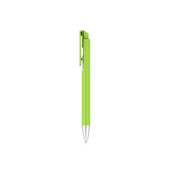 A lime green plastic pen with a metallic silver tip and a clip on the side. It features a logo.