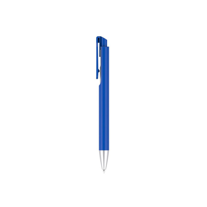A blue plastic pen with a silver tip and a clip, featuring a simple design and a branding logo.