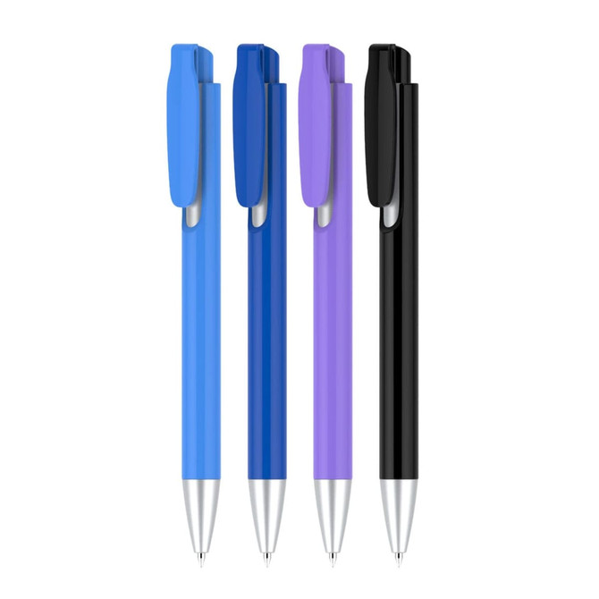 A set of four pens with blue, dark blue, purple, and black colour barrels, featuring silver accents and clips.