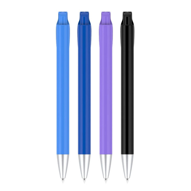 Four plastic pens in blue, dark blue, purple, and black, each with a silver tip and a branding logo.