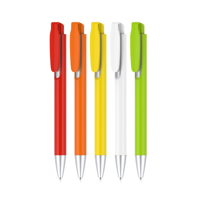 A collection of five plastic pens with colour barrels: red, orange, yellow, white, and green, each with a silver tip and clip.