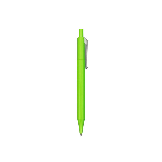 A bright green plastic pen with a clip, featuring a sleek design. The pen includes a logo.