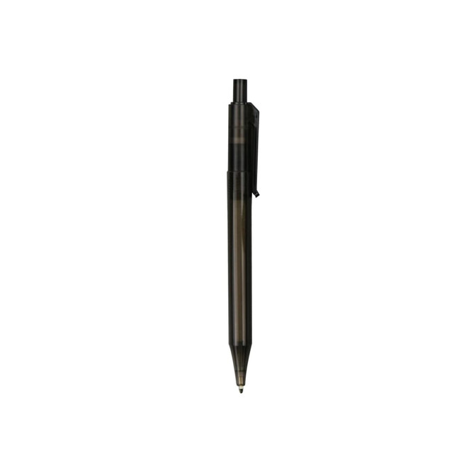 A transparent barrel pen with a black body, featuring a clip and a fine tip for writing.