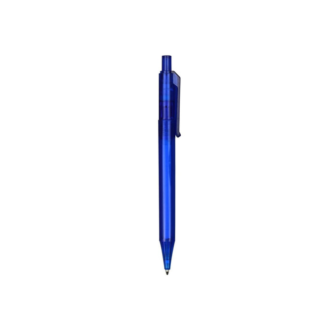 A transparent blue plastic pen with a cap and clip, featuring a black ink tip. Includes branding on the barrel.