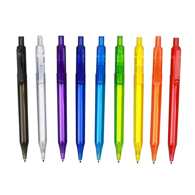 A collection of plastic pens with transparent barrels in various colours: black, clear, purple, blue, green, yellow, and red.