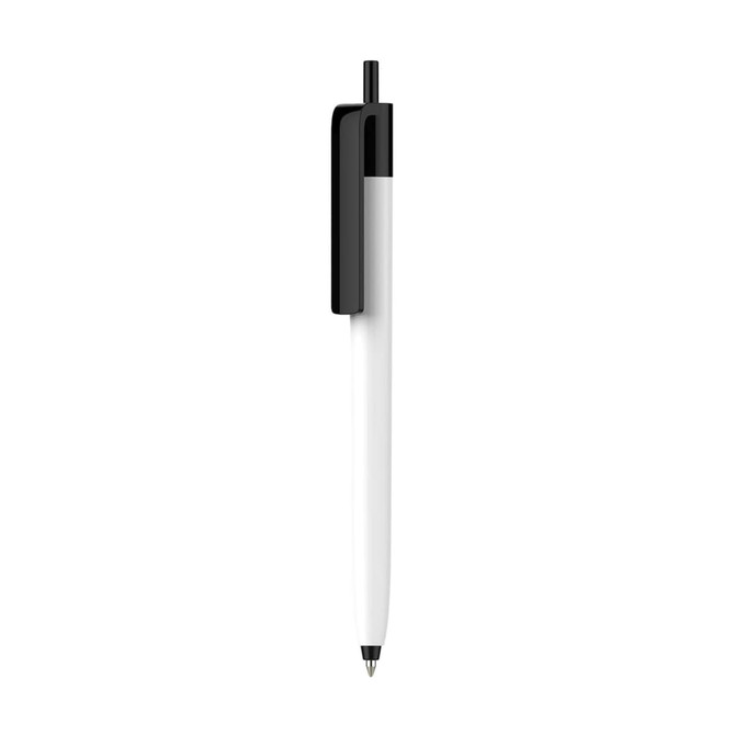 A push button pen with a creamy white barrel and a black clip. Features a branding logo.