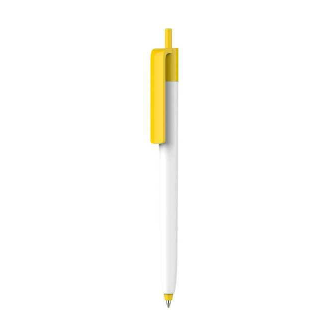 A push button pen with a creamy white barrel and a yellow clip, featuring a logo.