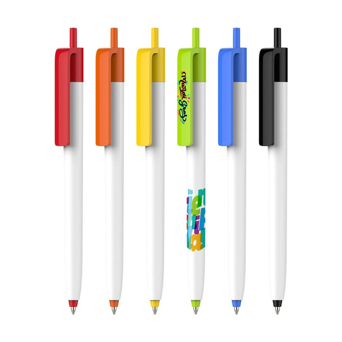 A collection of plastic pens with creamy white barrels and colourful accents in red, orange, green, blue, and black.