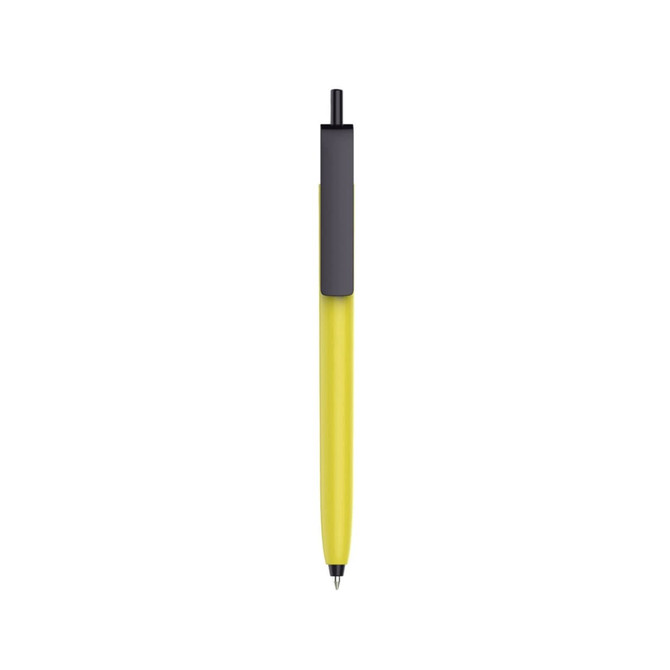 A plastic pen with a bright yellow barrel and a black cap, featuring a logo on the barrel.