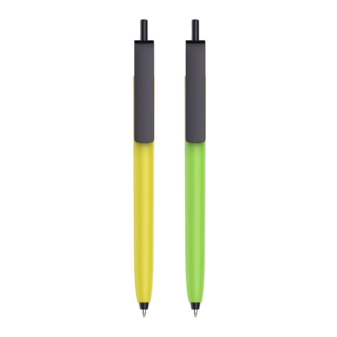 A promotional push button pen with a yellow barrel and black cap, and another with a green barrel and black cap.