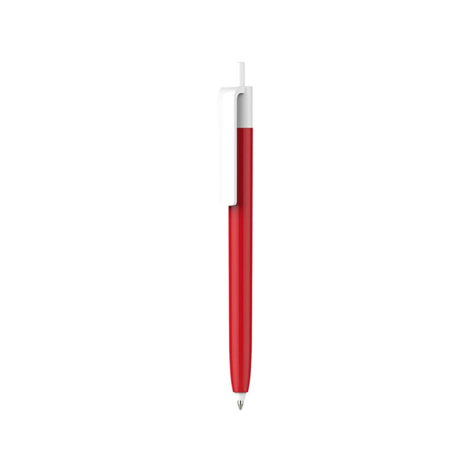 A push button pen with a red barrel and creamy white cap, featuring a clip and a logo.