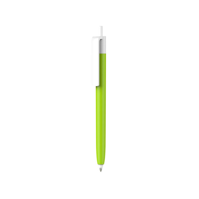 A push button pen with a vibrant green barrel and a creamy white cap, featuring a logo.
