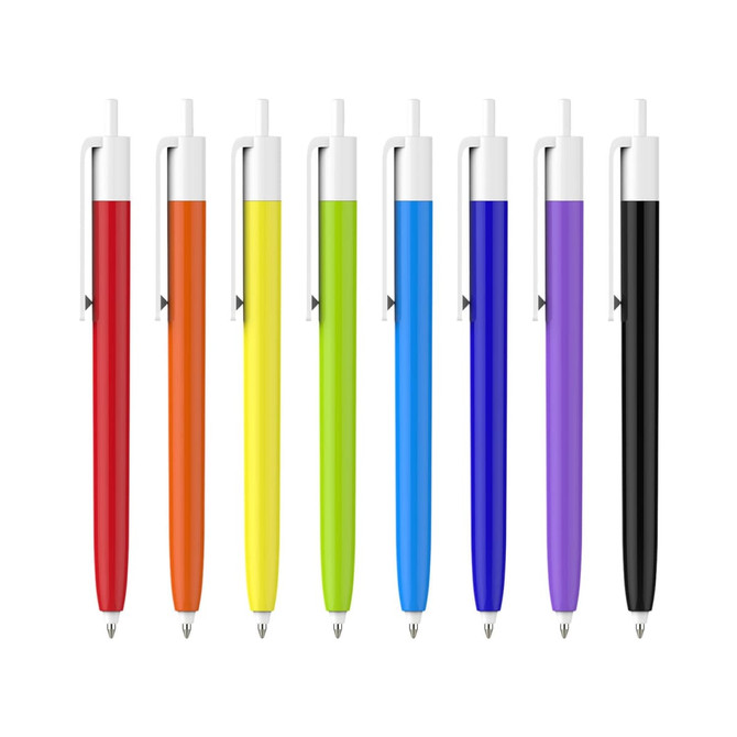 A set of push button pens with colour barrels in red, orange, yellow, green, blue, purple, and black, featuring creamy white caps.