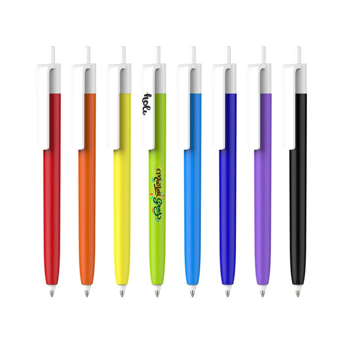 Eight push button pens with coloured barrels—orange, yellow, green, blue, purple, and black—featuring creamy white caps and logos.